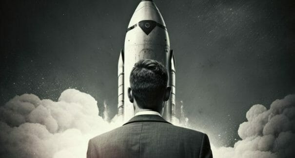 En investor følger spændt med, mens en startup-virksomhed, som han har investeret i, letter som en rumraket og drager mod nye højder.