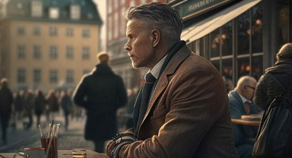På billedet kan man se en investor sidde ved et bord i Nyhavn. Han har en kop kaffe foran sig og ser ud til at nyde den varme drik i det smukke omgivende. Bag ham kan man se den ikoniske kanal med farverige bygninger og brostensbelagte gader. Investor ser afslappet ud og er klædt i en formel dragt. Han ser ud til at være midt i en pause fra arbejdet og nyder en stille stund i en af Københavns mest maleriske områder.