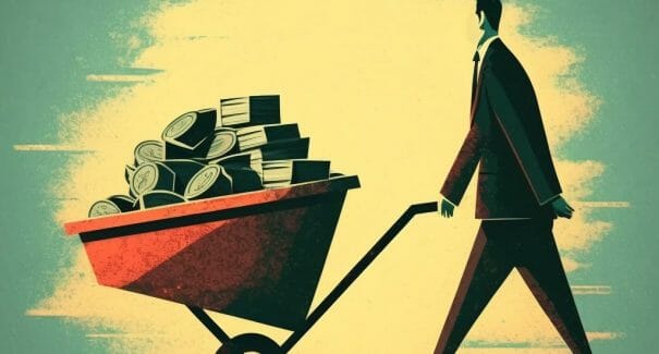 Billedet viser en glad og succesfuld iværksætter, der har rejst en betydelig mængde kapital til sin virksomhed. Iværksætteren er på vej et sted hen med en trillebør fyldt med penge, hvilket viser, at virksomheden har fået en sund start. Iværksætteren udstråler tillid og selvsikkerhed, og det er tydeligt, at der er store forventninger til virksomhedens fremtidige succes.