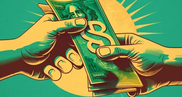 To hænder udveksler pengesedler, hvilket repræsenterer en økonomisk transaktion eller betaling mellem to personer.