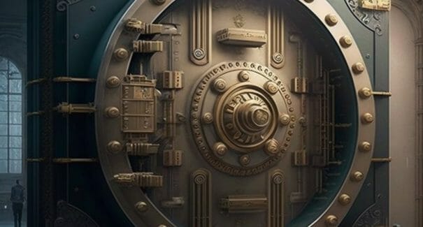 En stor rund bankboks-dør lavet af massivt stål, med et indviklet låsesystem og kraftige hængsler, der symboliserer sikker opbevaring og beskyttelse af værdigenstande.